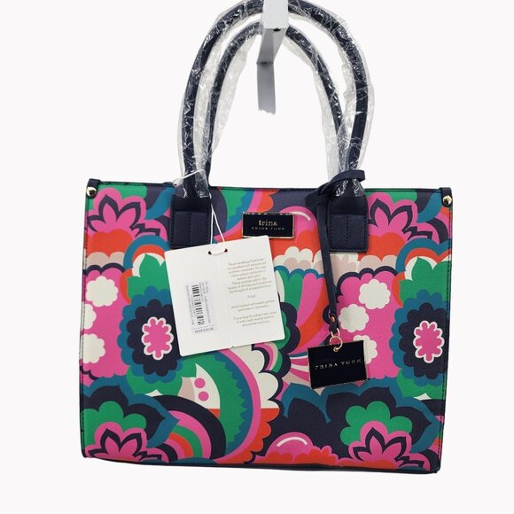 Trina Turk Floral Print Tote Bag 14x11 Floral Navy Pink Green Designer Purse - Picture 1 of 11